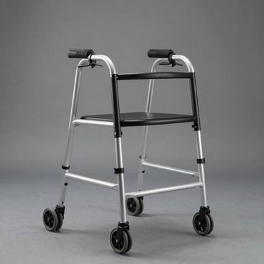 Crisp product shot of a lightweight aluminum rolling walker with hand brakes, neutral clinical lighting, slate gray background.