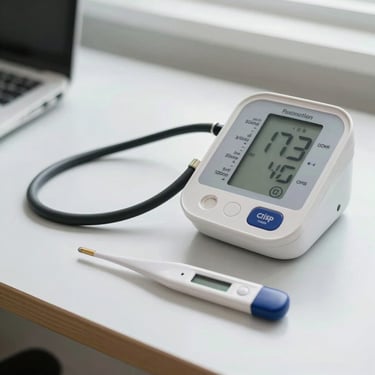 Crisp product shot of professional diagnostic tools including a blood pressure monitor and digital thermometer, bright clinical daylight.