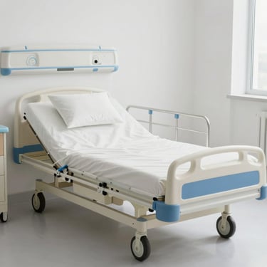 Crisp product shot of a modern hospital-grade adjustable bed with side rails, bright neutral clinical lighting, white background.