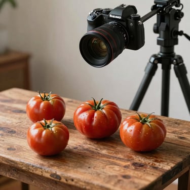 A rustic wooden table with unwashed heirloom tomatoes, a camera setup on a tripod overhead, soft side lighting
