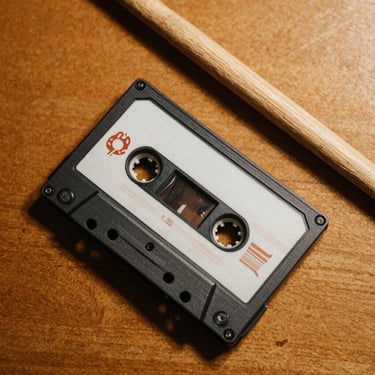 Overhead study of a cassette tape resting on a wooden table beside drum sticks, warm amber tungsten light, analog film grain, slightly desaturated tones