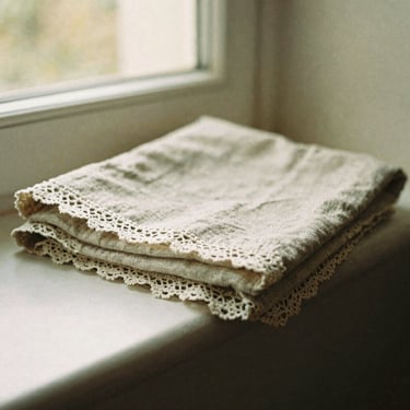 Folded hand-woven vintage linen with delicate lace trim, warm diffused window light, soft sepia tones, 35mm film