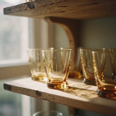 Warm editorial close-up of vintage amber glassware catching golden-hour sunlight on a rustic wooden shelf, soft sepia tones, 35mm film