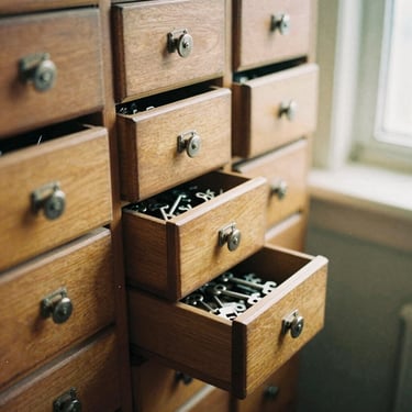 Warm editorial close-up of old wooden typesetting drawers filled with small nostalgic metal keys and trinkets, warm shadows, 35mm film