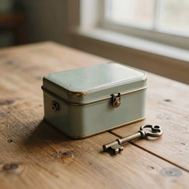 Faded vintage tin box and antique keys on a rustic wooden table, soft golden light, warm editorial photography, 35mm film