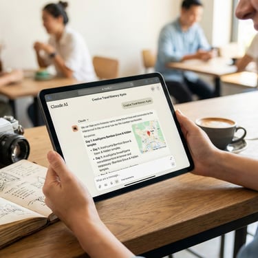 AI travel planning for Kyoto on a tablet with a travel journal and vintage camera in a cafe.