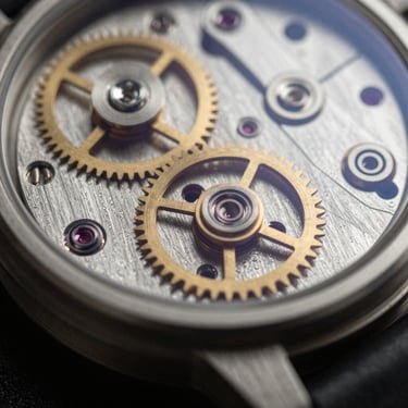 Macro close-up of a high-end mechanical watch movement, intricate metal gears, dark steel textures, sharp side lighting, cinematic depth of field.