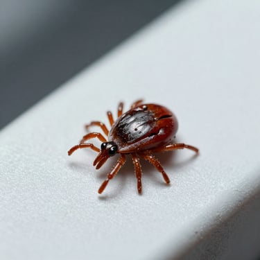 Macro photo of a dog tick on a clean, light surface, clinical lighting, scientific presentation.