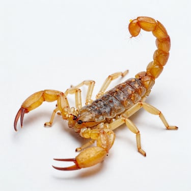 Macro extreme close-up of a yellow scorpion, focusing on the stinger, clean clinical lighting, soft white background.