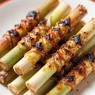 Charred Sate Lilit wrapped around lemongrass sticks, freshly grilled, glistening with spices