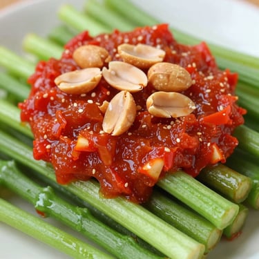 Fresh Plecing Kangkung with vibrant red tomato chili paste and roasted peanuts on top