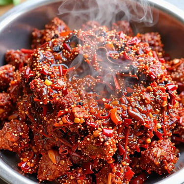 Close-up of spicy Ayam Biadab with heavy red chili paste, steam rising, natural daylight