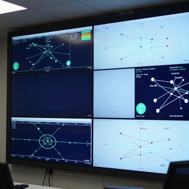 A high-tech monitoring center with screens displaying real-time connectivity data, navy and light blue color palette.