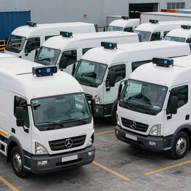 A fleet of commercial vehicles equipped with GPS tracking technology, parked at a modern logistics hub.