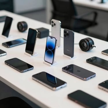 An array of premium business mobile devices and accessories displayed on a clean white professional counter.