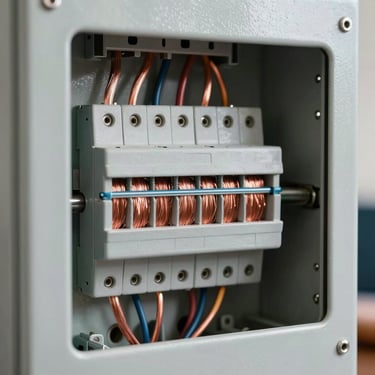 Close-up of clean, perfectly routed copper wiring inside a newly upgraded residential electrical panel, industrial precision, bright work lights.