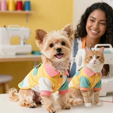 Mujer junto a una máquina de coser, con un perro y un gato que llevan ropa personalizada a juego