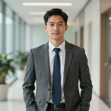 A professional man in business casual attire standing in a brightly lit modern hallway. Trustworthy and professional look, with subtle green tones in the background.