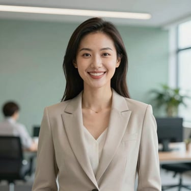 Professional female executive portrait, wearing a neutral blazer, smiling confidently. Background is a clean, modern office interior with sage green #B4C4B6 accents.