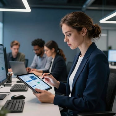 Portrait of a European female UI designer analyzing wireframes on a tablet, modern corporate office, cool blue and obsidian tones, crisp studio lighting.