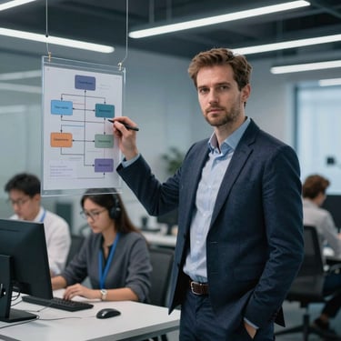Portrait of a European male operations specialist optimizing a workflow diagram, modern corporate office, cool blue and obsidian tones, crisp studio lighting.