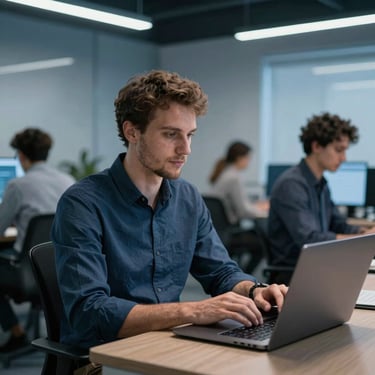 Portrait of a European male software engineer working on a laptop, modern corporate office, cool blue and obsidian tones, crisp studio lighting.
