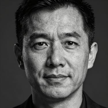 High-contrast black and white portrait of a technical director, direct studio lighting, natural expression, close-up framing