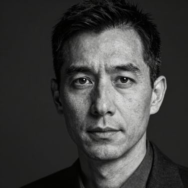 High-contrast black and white portrait of an SEO strategist, dramatic lighting, focused expression, close-up framing