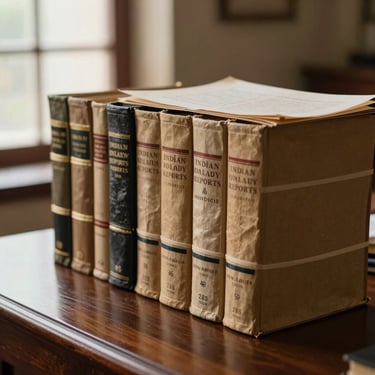 Close-up detail of bound legal volumes and Indian Law Reports stacked neatly on a dark wooden desk inside Chamber 68, warm natural window light.