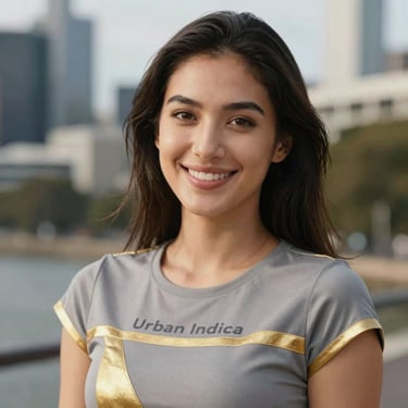 Close up portrait of a smiling woman in Melbourne, wearing an Urban Indica fusion top with gold accents. Natural daylight, soft bokeh background, premium aesthetic. Incorporates #C7B5A0.