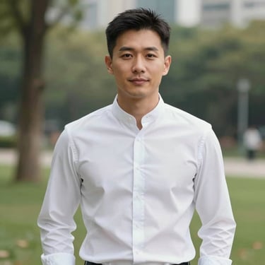 Portrait of a man wearing a clean-cut shirt with a subtle mandarin collar, standing in an urban park. Modern, confident, and sophisticated style.