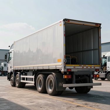 A heavy low-loader trailer parked in a transport yard, industrial machinery in background, direct sunlight.