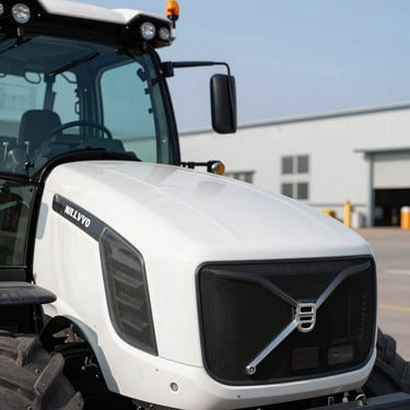 Close-up of a clean white Volvo tractor head parked in an industrial yard, side profile, sharp daylight.