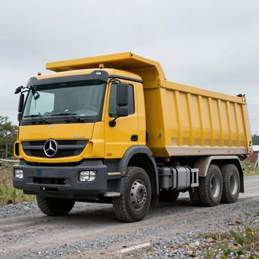 A yellow Mercedes-Benz dumper truck parked on gravel, steel tipper body visible, realistic outdoor lighting.