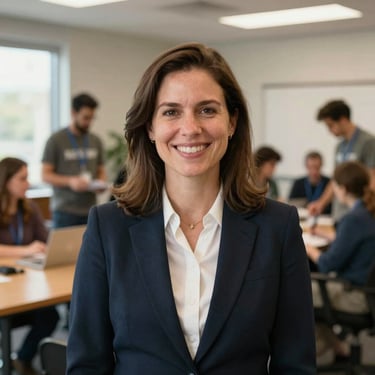 Candid professional portrait of a female cabinet secretary smiling, warm natural lighting, office background, 35mm lens