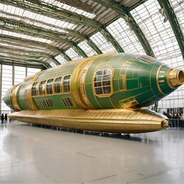 An artificial intelligence created image of a sleek green and gold spaceship