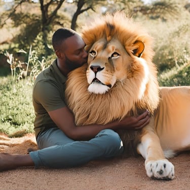 An artificially generated image of a massive lion resting peacefully in the embrace of a park ranger
