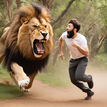 An AI generated image of a huge raging lion chasing a terrified bearded man in a white Tshirt