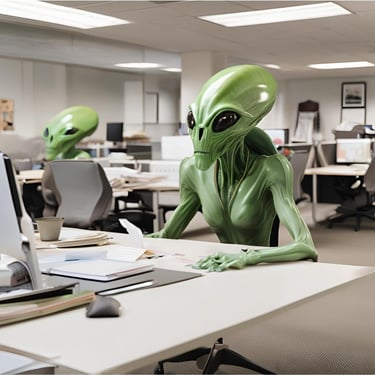 An artificially generated scene of a well lit office. The office workers are green aliens