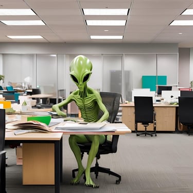 An artificially generated image of an office, a seated, green alien doing paper work.
