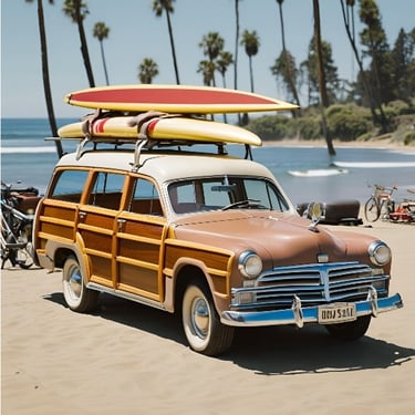 An AI generated image of an American 'old woody' station with surfboards on the roof parked at the beach.