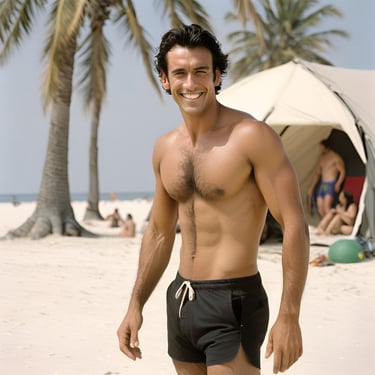 An AI image of a dark hair handsome shirtless man at the beach