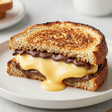 Gourmet spicy croque monsieur with pulled chicken, melted cheddar, and jalapeños, cheese pull detail