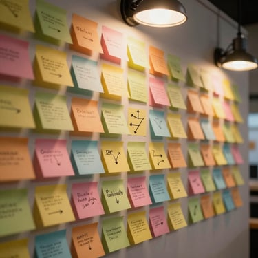 A wall covered in colorful sticky notes, hand-drawn arrows, and script outlines under warm studio lights