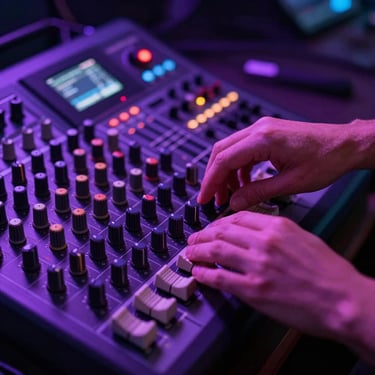 Close-up of hands manipulating a soundboard and editing dials, neon purple ambient light