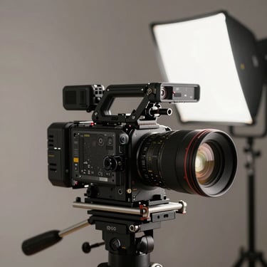 A creator holding a high-end cinema camera, harsh key light illuminating the lens, raw studio background