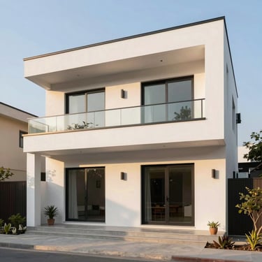 Modern independent villa exterior in Delhi NCR, clean architectural lines, warm golden hour lighting, professional editorial style, 35mm