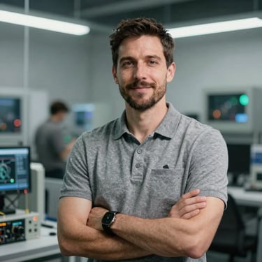 A professional portrait of a male electrical engineer in a clean tech environment, North American / US context, approachable and confident expression.
