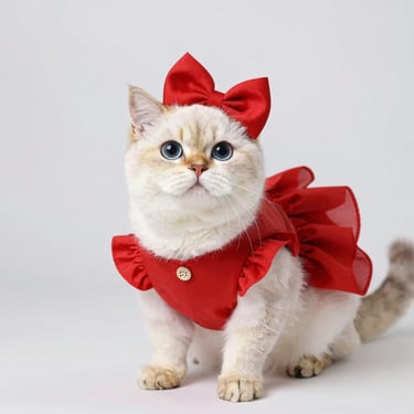 Adorable gatita blanca con un elegante vestido rojo y una diadema a juego para una sesión de fotos de moda para mascotas.