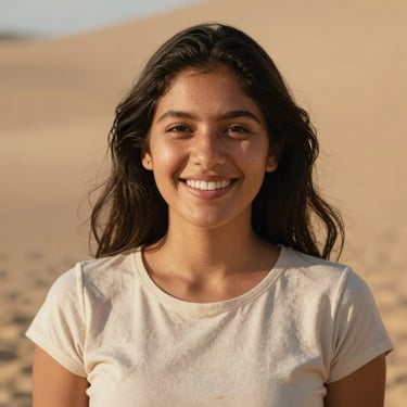 A portrait of a young South American / Brazilian / Bolivian woman smiling warmly, wearing a simple modern top, in a setting with soft warm sand colored background lighting.